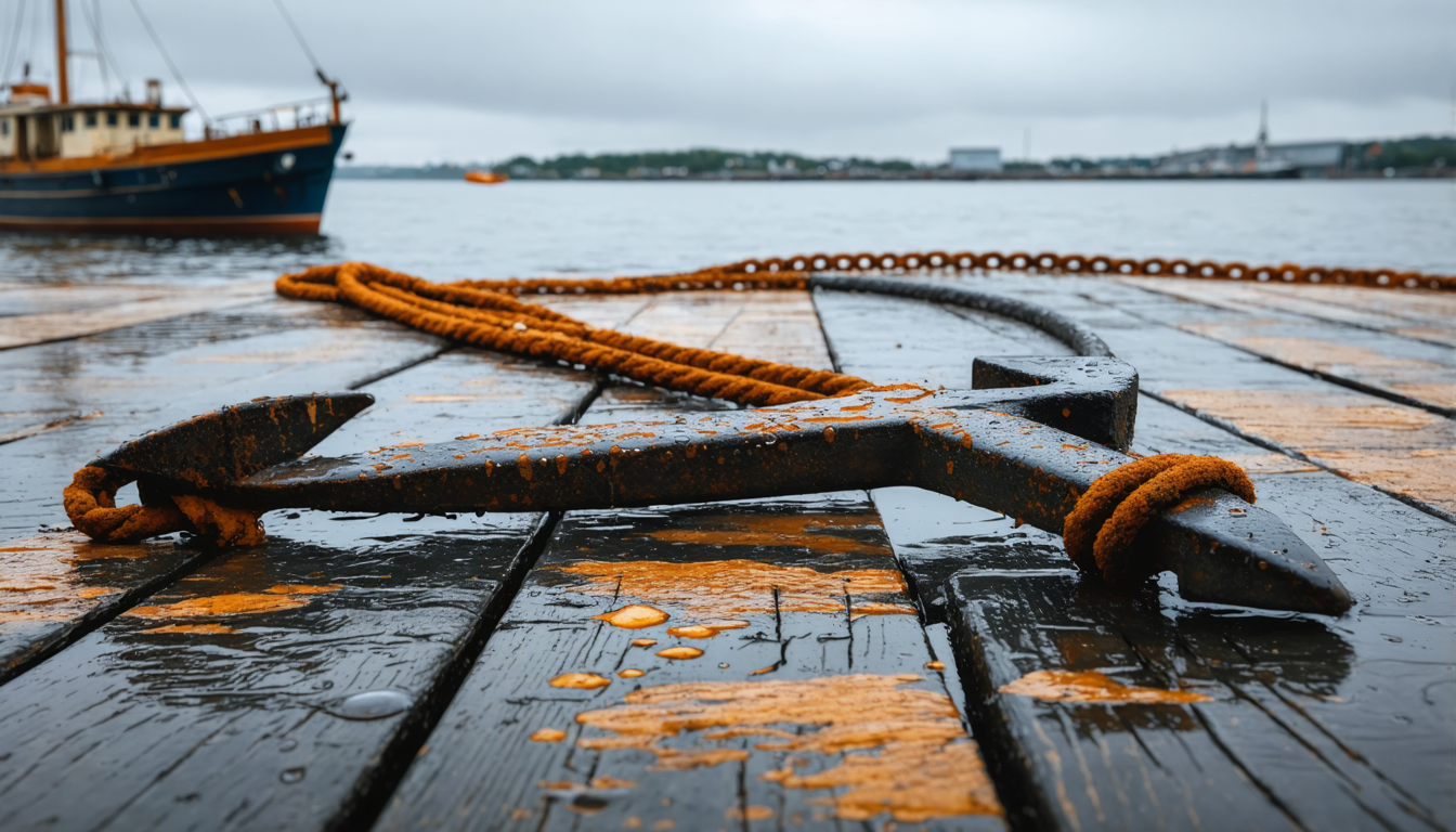 An old iron anchor resting on a weathered wooden dock, covered in rust and orange oxidation, with rain-slicked planks and overcast sky reflected in still harbor water.