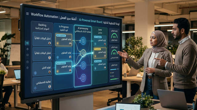لوحة Kanban تعرض سير عمل مؤتمت بالذكاء الاصطناعي