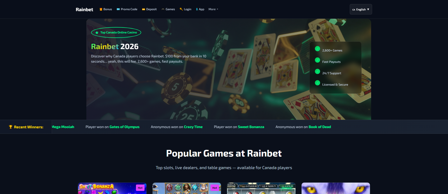 Forensic screenshot of rainbet-canada.co showing the phishing page layout