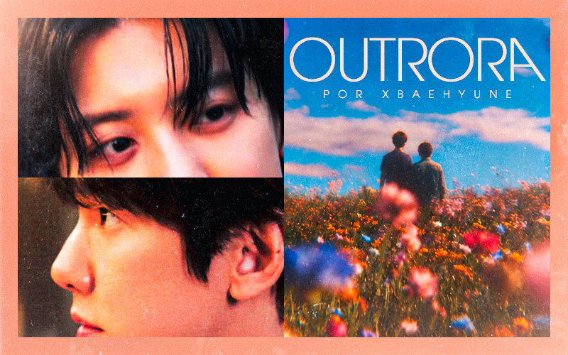 Capa com tons quentes e aspecto levemente granulado. À esquerda, aparecem dois recortes do rosto de uma pessoa jovem de cabelo escuro: um mostrando os olhos de frente e outro o perfil do rosto. À direita, há uma cena de campo florido sob céu azul, com duas pessoas vistas de costas caminhando juntas. No topo, lê-se o título “OUTRORA”