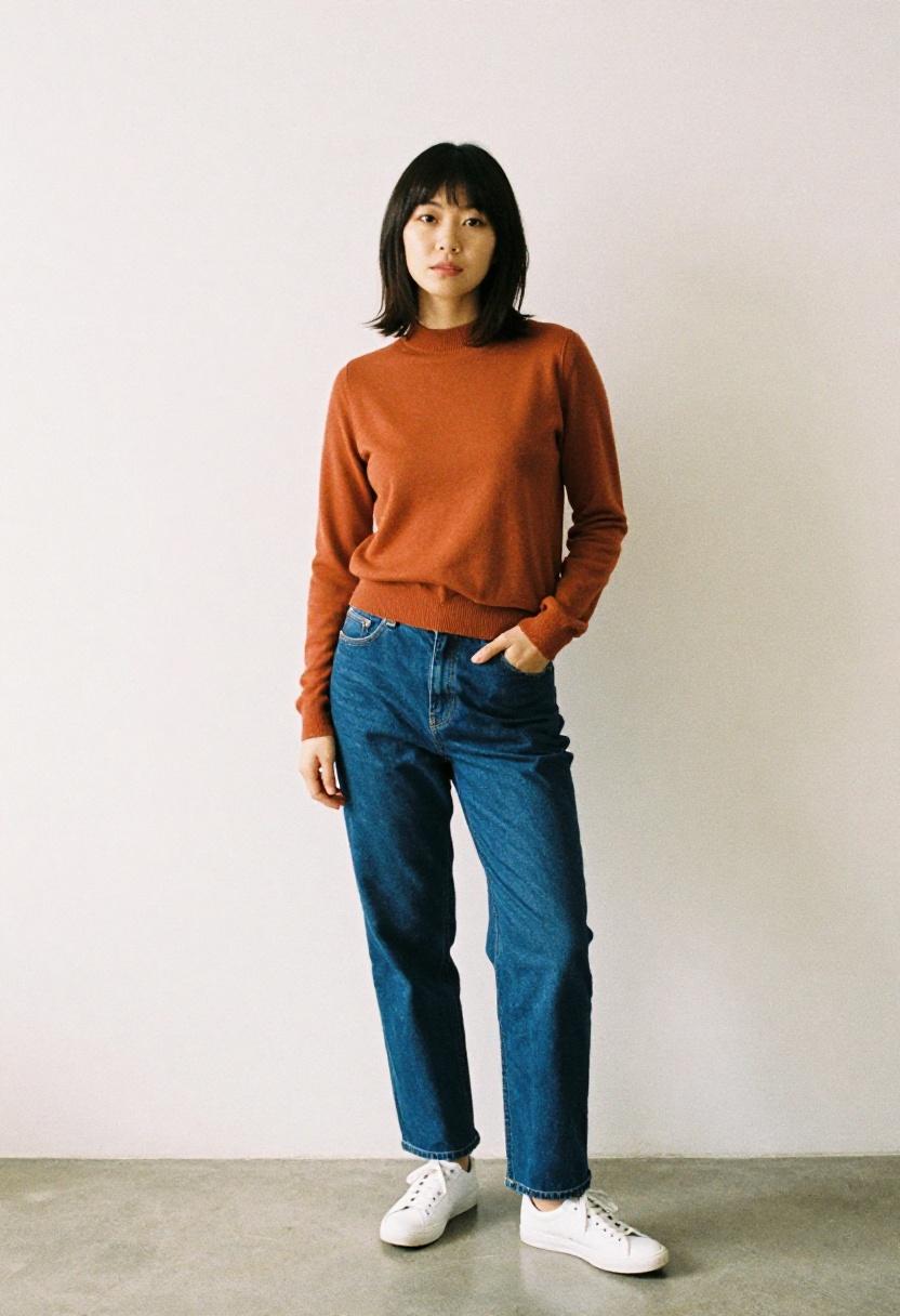 Cobalt and rust straight leg jeans look with hands in pockets casual Friday ease