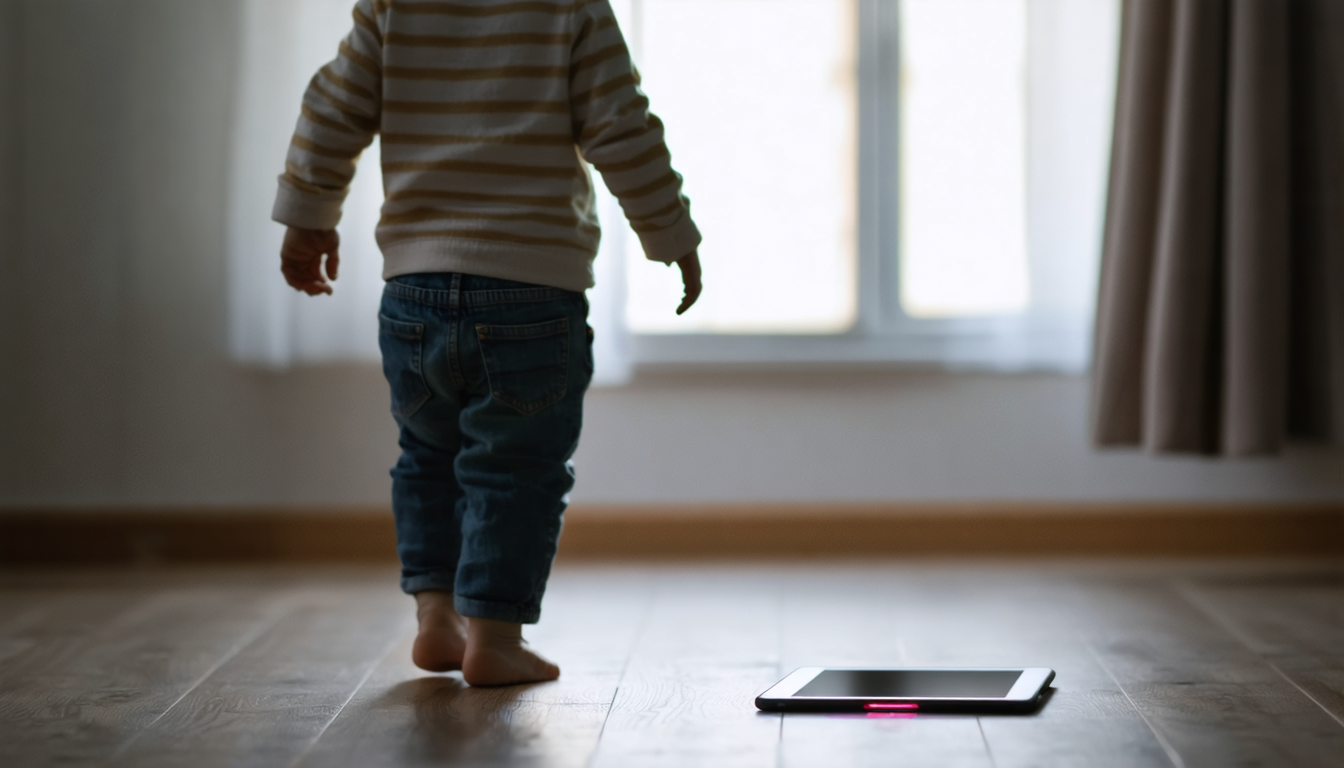 A young child seen from behind walking away from a dimly glowing tablet on a wooden floor in a quiet room