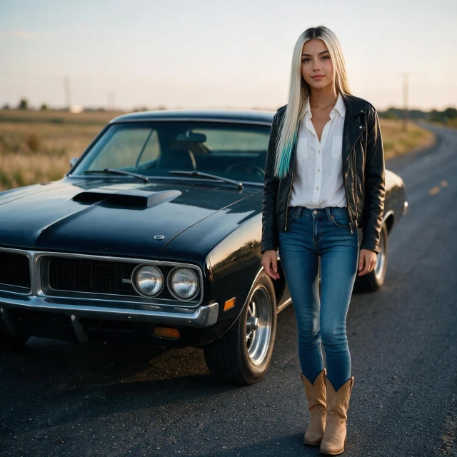 She stands on an American country road, an old black muscle car parked next to her. She has blue skinny jeans, light brown cowboy boots, and a white button-up blouse, over which she wears a black open leather jacket. Full body image, cinematic.