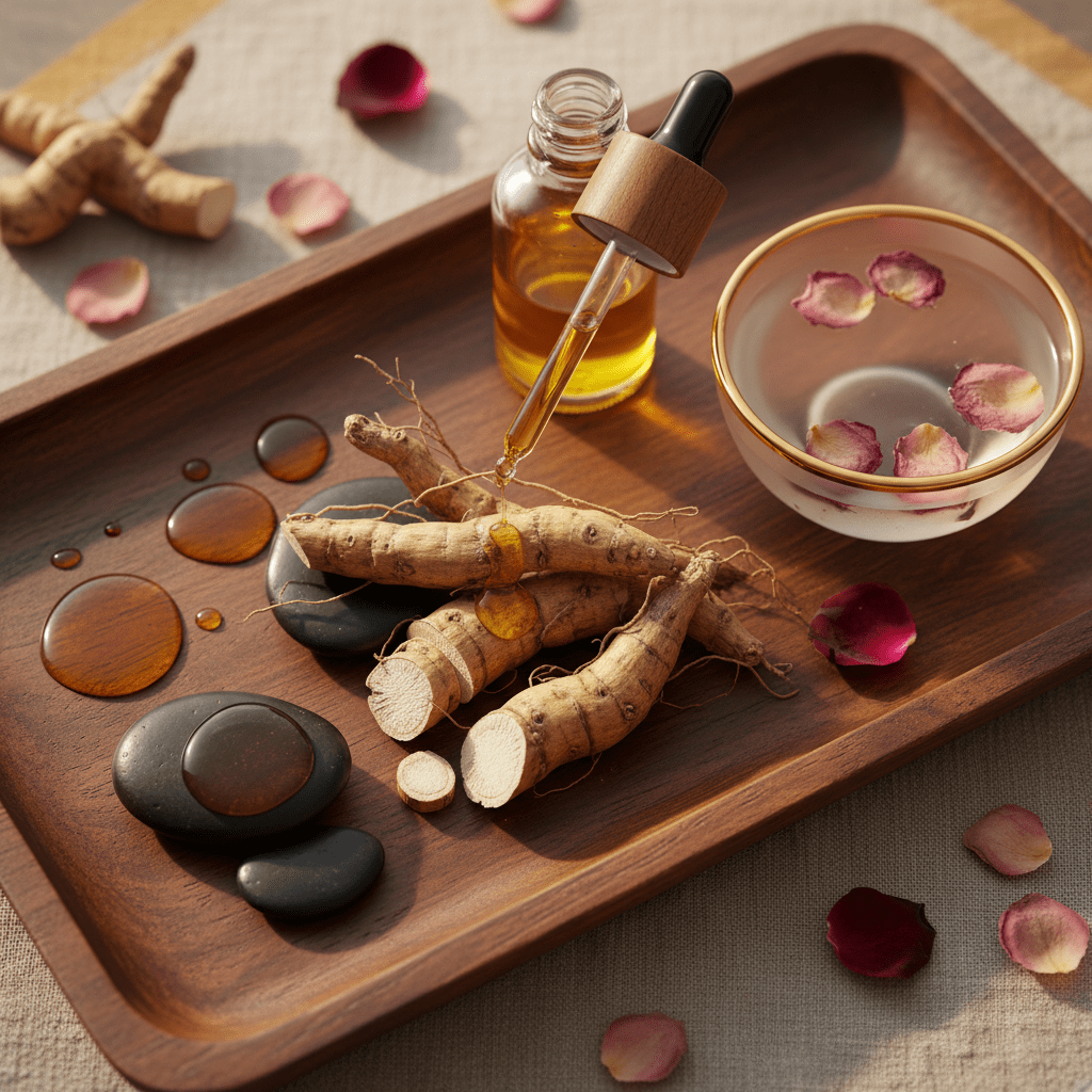 Premium ashwagandha roots, oil drops, and rose water on a spa tray, clean Ayurvedic skincare still life, warm earthy tones