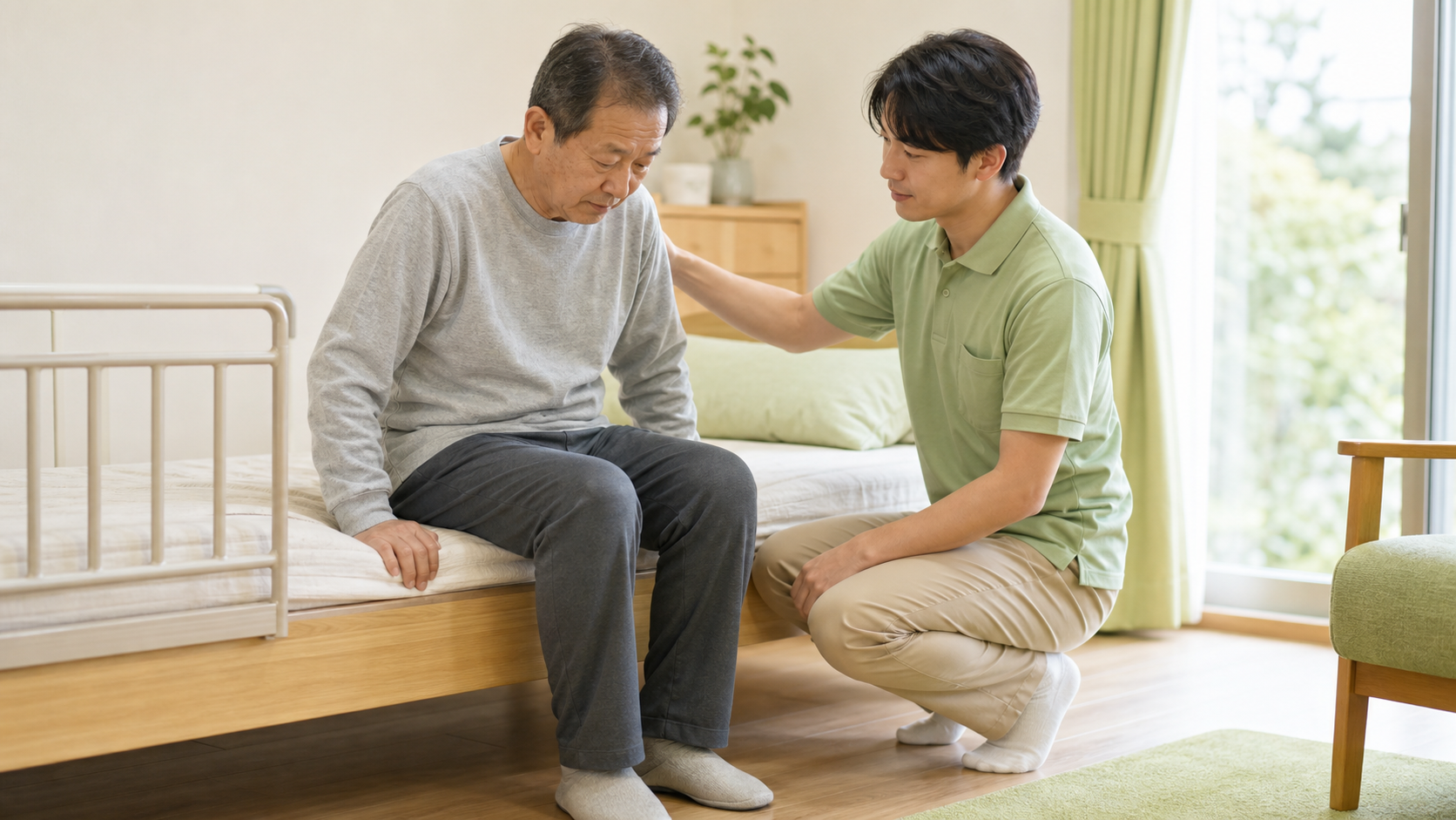 脳卒中後の方がベッド端で姿勢を整え、専門職の見守りで段階的に立ち上がる準備をする様子