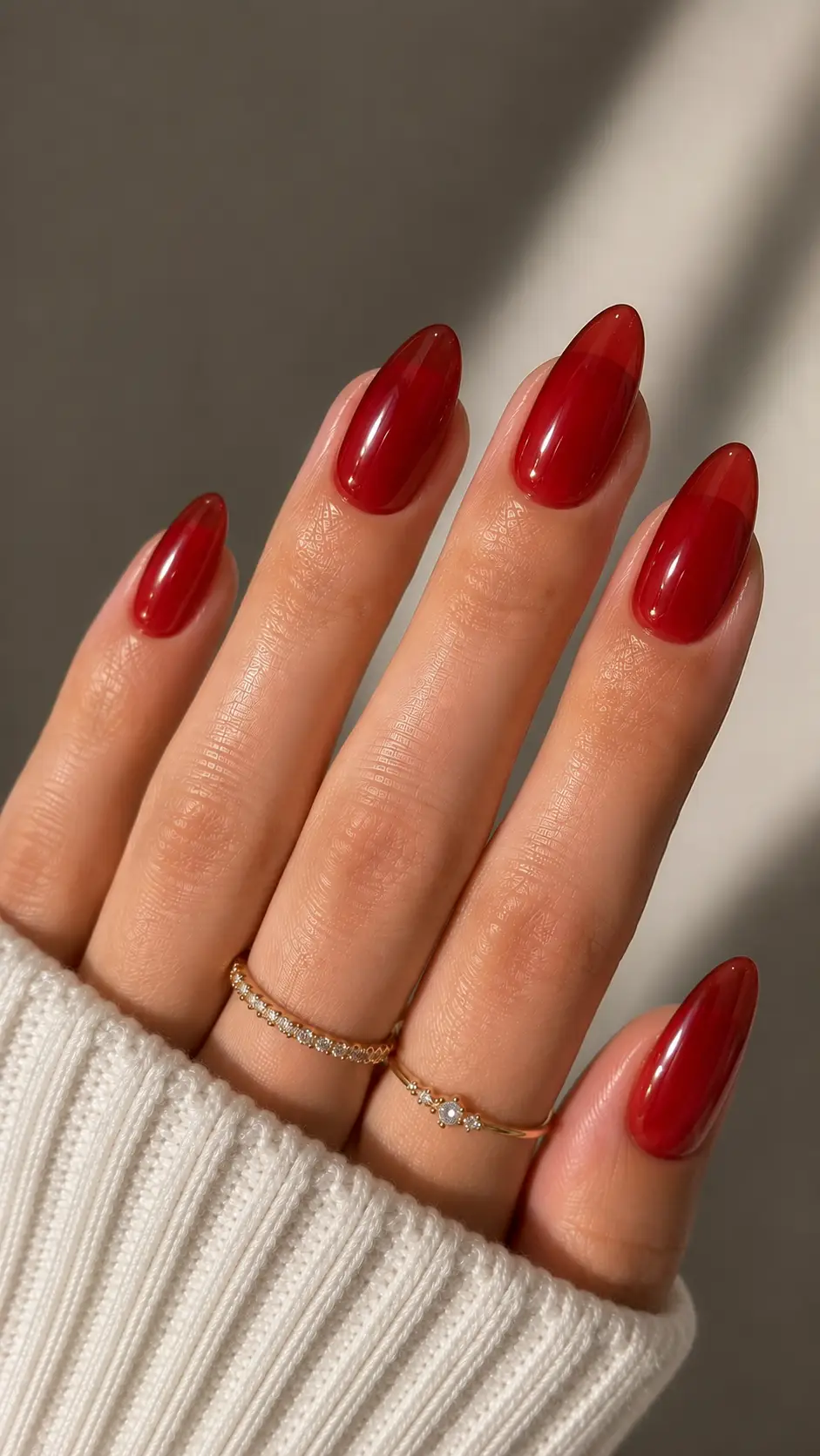 Translucent Cherry Red Jelly Almond Nails