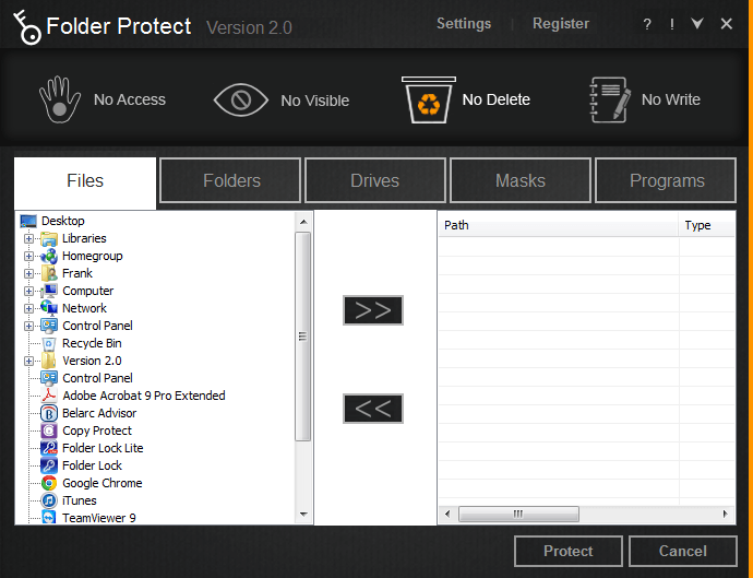 Folder Protect No Delete rule selected for preventing removal of protected Windows files