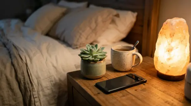 Smartphone face-down on calm nightstand with warm lamp light, serene bedtime mood