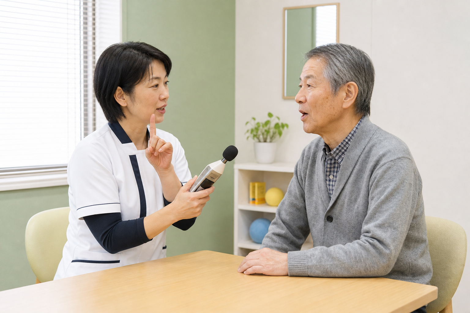 パーキンソン病のある高齢者が言語聴覚士と個別の発声練習を行う様子