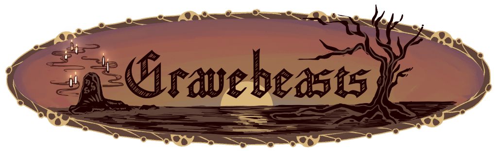 Illustrated Gravebeasts title card. It features a flat watery marsh with a dead tree and outcropping of muddy rock, upon which sits a runed gravestone surrounded by floating candles. The background is of a murky sunset. Art by Sigursson.