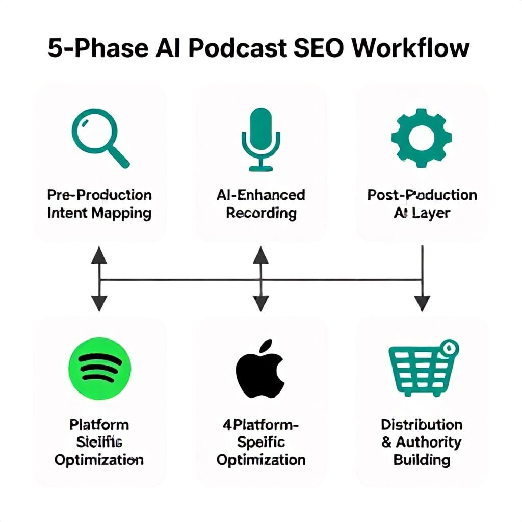 Flowchart of the 5-phase AI Podcast SEO workflow for 2026
