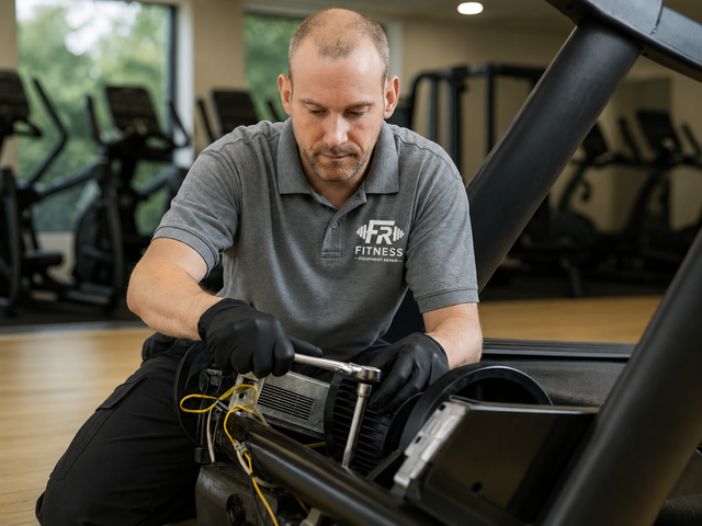 Technician repairing a hotel gym treadmill in the Greater Toronto Area