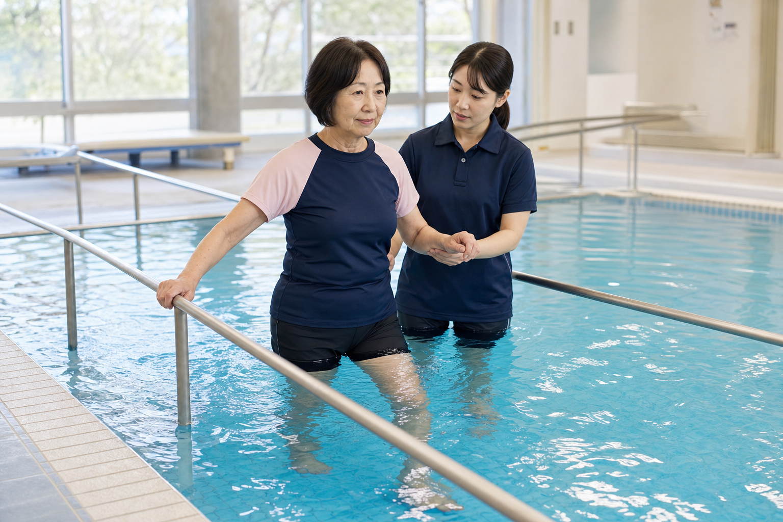 専門職の見守りと手すりのある環境で、水中で重心移動を練習する様子