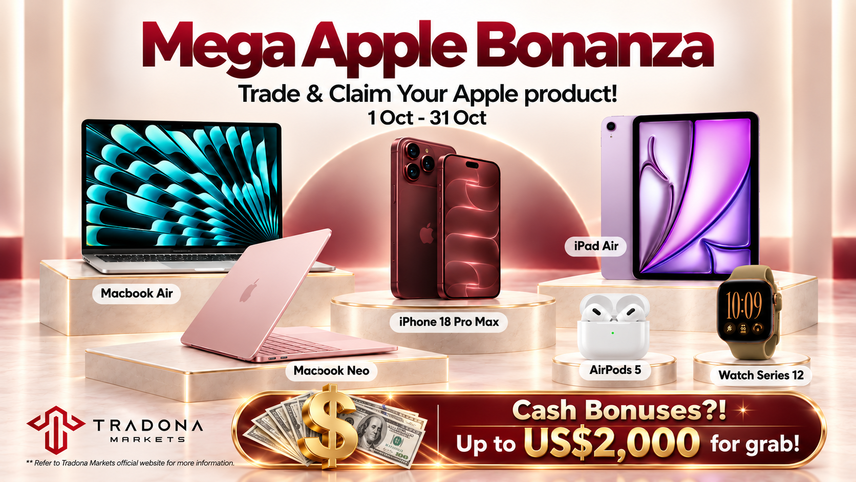 Official Mega Apple Bonanza campaign artwork featuring Apple devices.