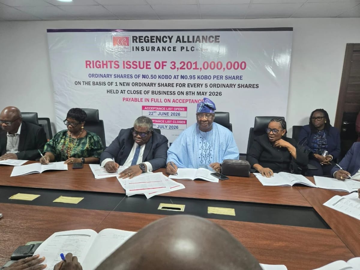 L-R:  Director, Regency Alliance Insurance Plc, Mr Kehinde Oyadiran; Director, Dr Comfort Otegbeye; Managing Director, Mr Bode Oseni; Executive Director Corporate Services & Company Secretary; Mrs Anu Shobo; and Chairman, Chief Wale Taiwo, SAN, at signing of its Rights Issue Agreement in Lagos on Wednesday. Photo: