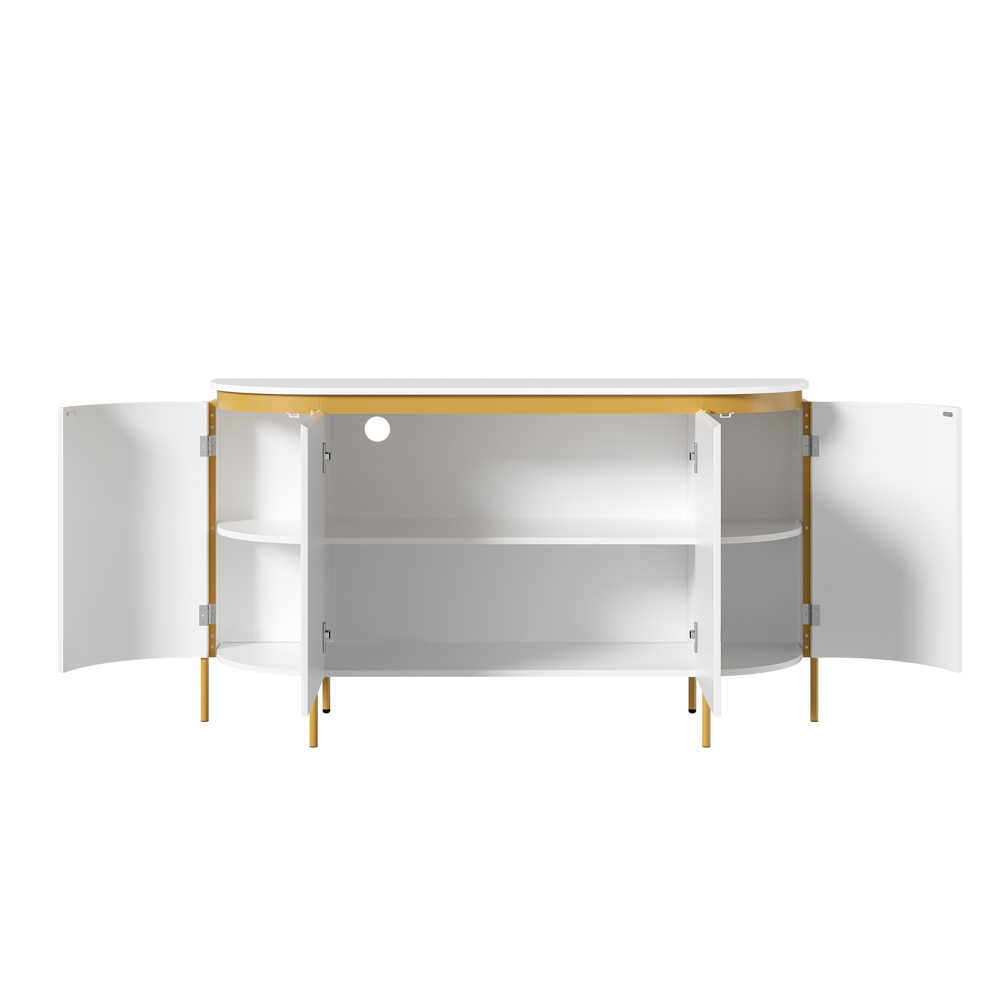 Buffet Blanc, 4 Portes, Rangement, Gestion des Câbles, Design Moderne, Angles Arrondis, Façade Texturée - Panneau composite de fibres de bois à densité et Métal - 140x38x80cm 5