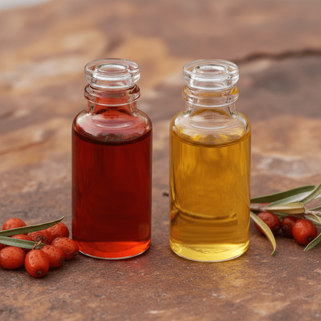 Close-up of berry oil and seed oil vials with deep red-orange and golden hues