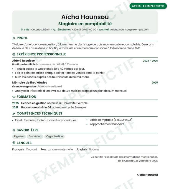 CV fictif d'une jeune diplômée en gestion après correction, pour un stage en comptabilité