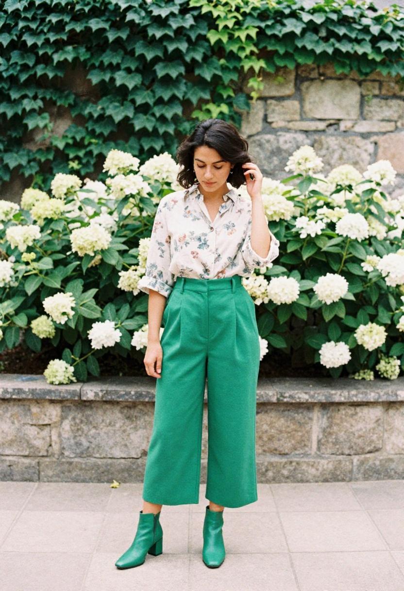 Emerald green wide-leg trousers with matching square toe block heels and floral linen blouse for spring street style