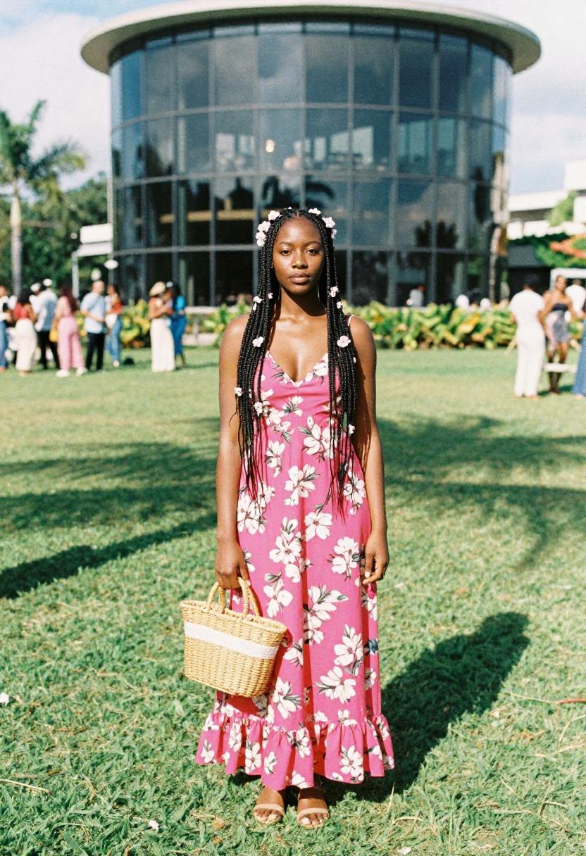 Bold fuchsia floral maxi dress with a wicker bag bringing garden-party elegance to an outdoor spring setting