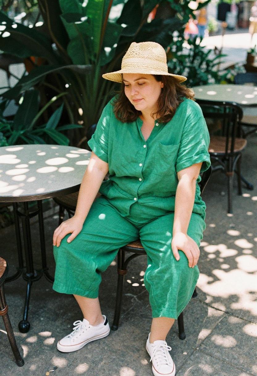 Plus size woman in jade green linen co-ord set with white sneakers at an alfresco spring afternoon setting