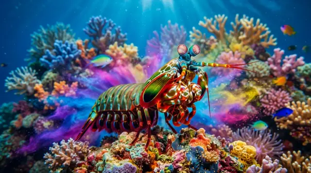 Colorful mantis shrimp on coral reef with iridescent compound eyes in vivid underwater light