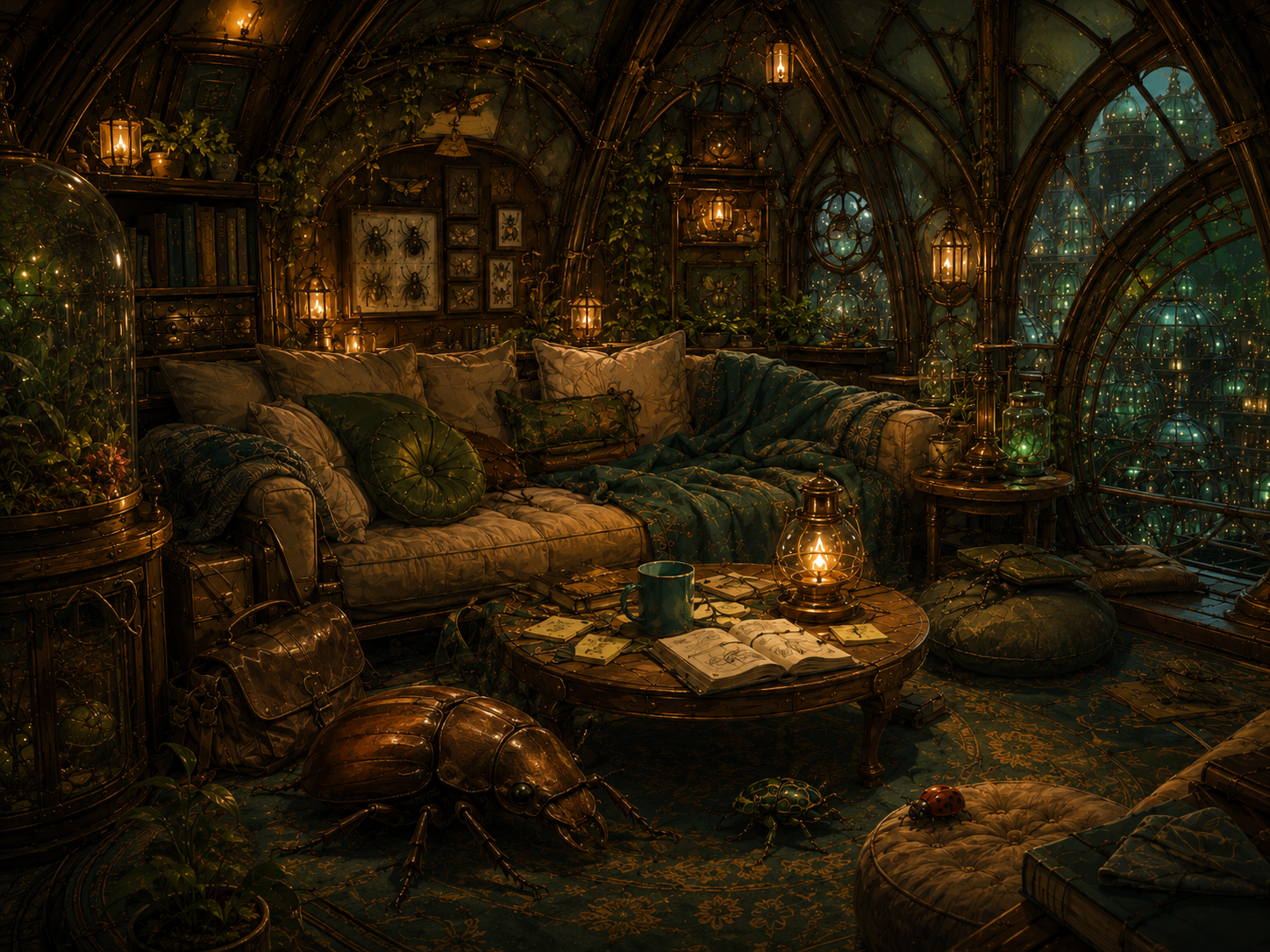 Auggie's warm living room with blankets, books, and shell architecture