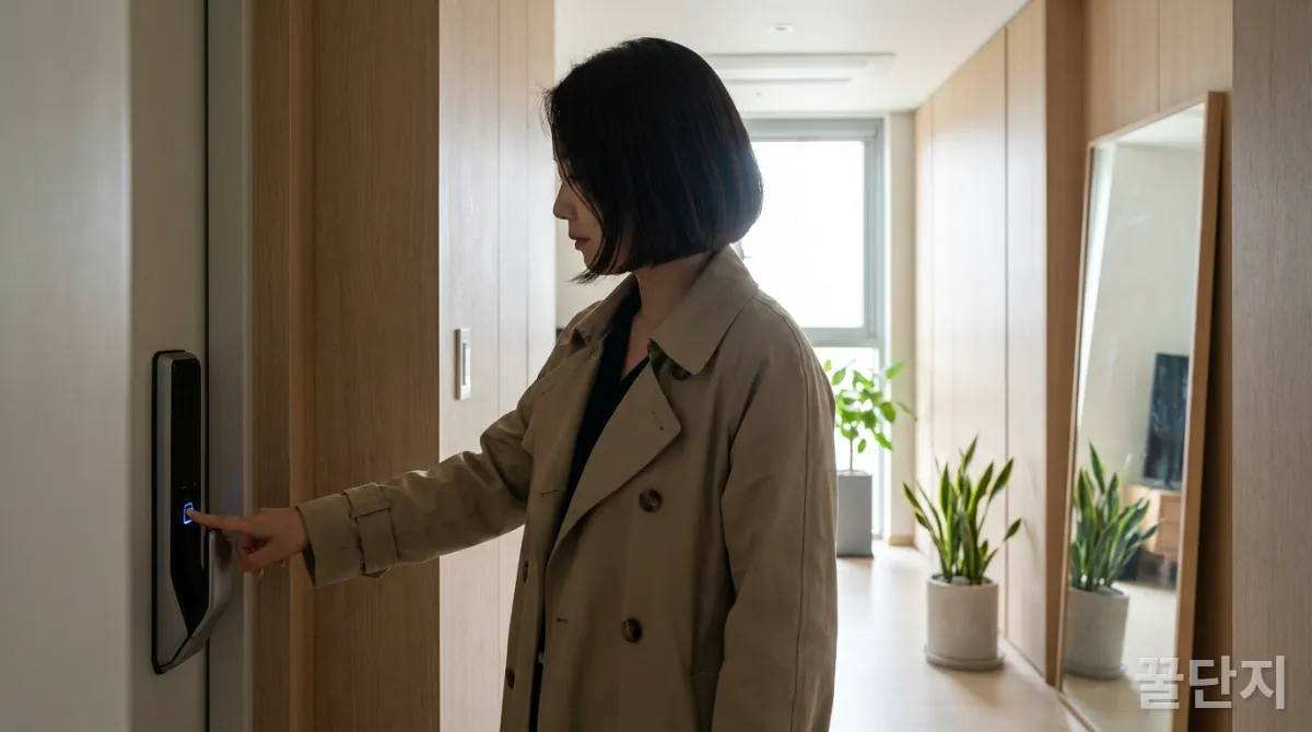 30대 한국인이 디지털 도어락의 지문 인식부에 손가락을 대는 모습, 현대적인 현관문 배경