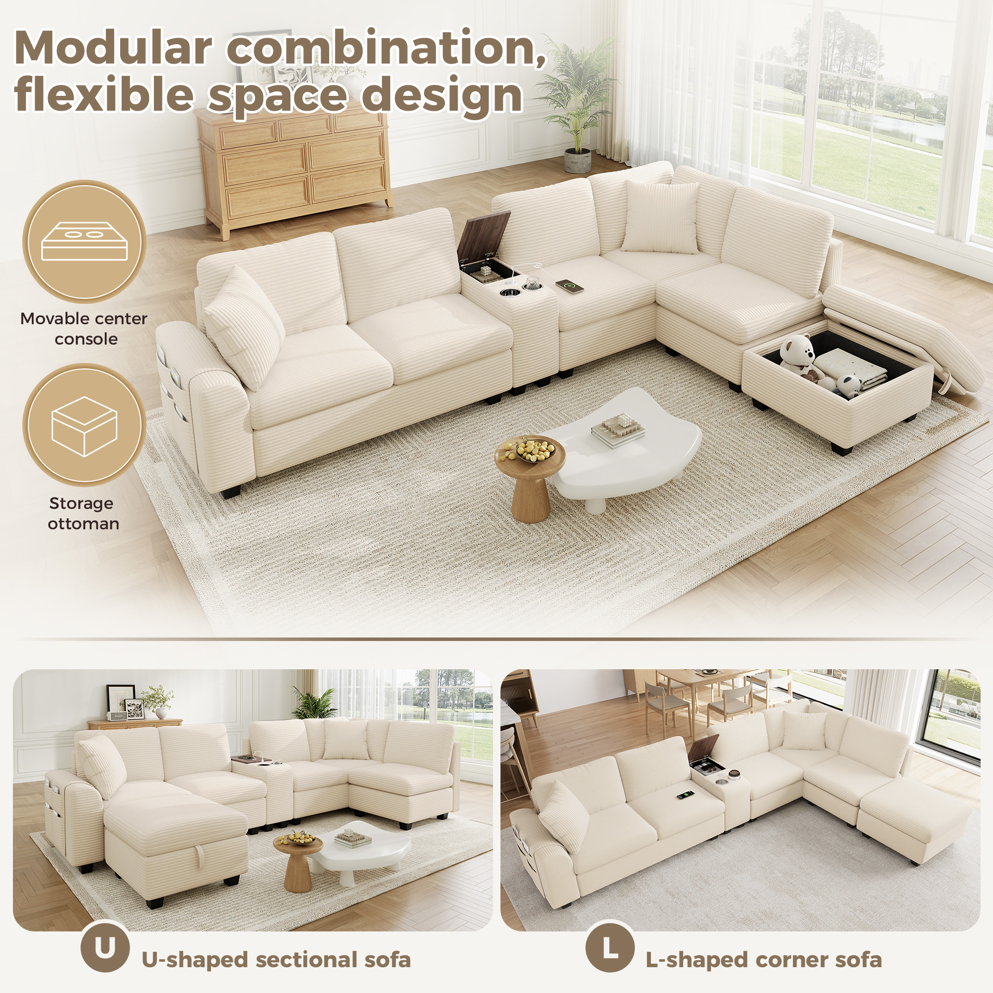 Canapé d'angle modulable beige en situation