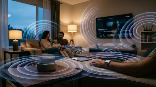 Modern living room with glowing smart devices emitting visible electromagnetic wave ripples, moody atmosphere