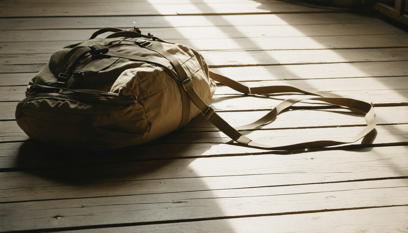 A single parachute pack lying on a wooden floor in raking morning light, straps trailing loose.