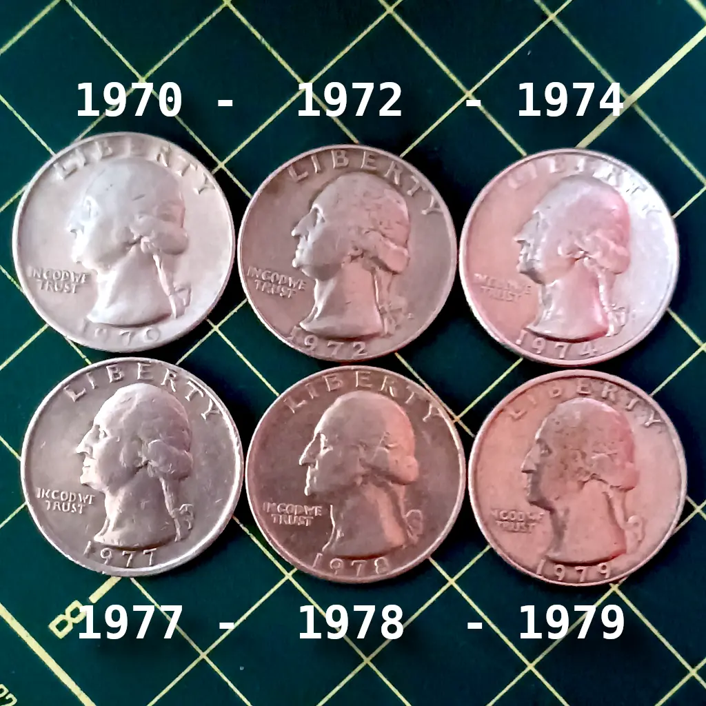 Lote com 6 Moedas Quarter Dollar Década de 70 1970 |1972|1974|1977|1978|1979