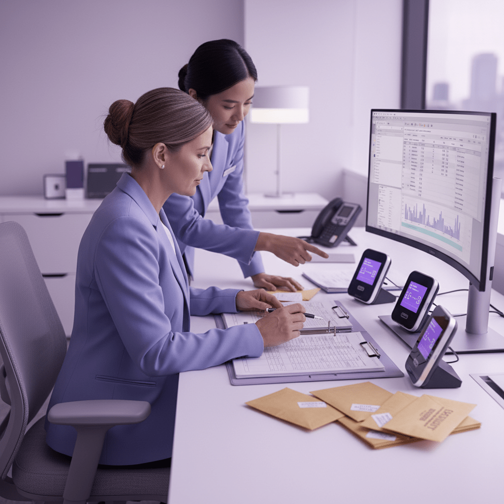 Hotel manager reviewing payroll records in a modern office