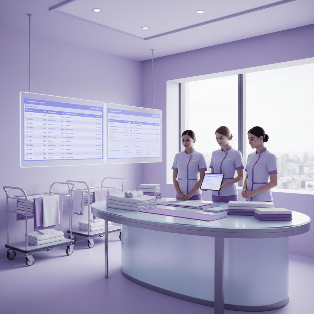 Hotel operations team reviewing shared room status and laundry reports on screens, calm efficient workspace with clean linens and service carts