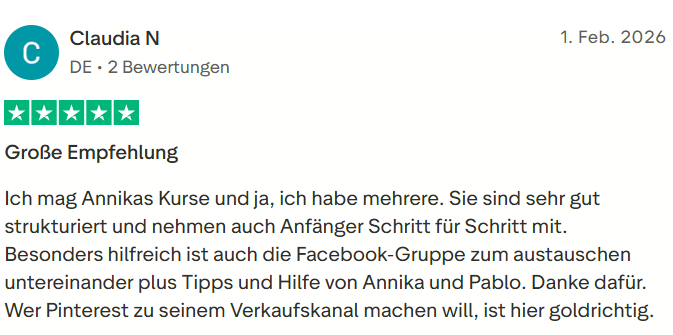 Trustpilot-Bewertung von Claudia N. über den Pin dich Reich Kurs