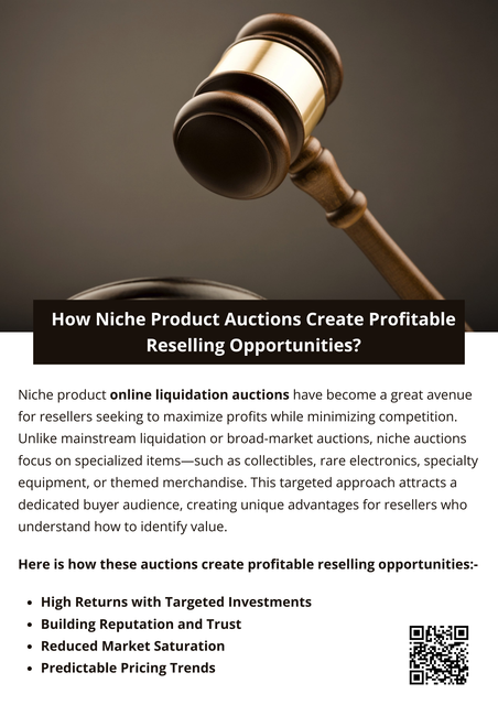 Niche product online liquidation auctions create profitable reselling opportunities by combining targeted demand, reduced competition, predictable pricing, and the potential for repeat business. Savvy resellers who track market trends, understand their audience, and strategically participate in these auctions can maximize returns while building credibility within specialized communities. For those looking to expand their resale business, focusing on niche opportunities offers a sustainable path to long-term growth. To know more visit here https://www.auctionmasters.com/
