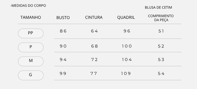 Blusa de Cetim Medidas