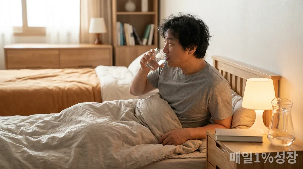 40대 한국인 남성이 아침에 일어나 침대 옆에 놓인 물 한 잔을 마시는 모습, 따뜻한 침실 배경