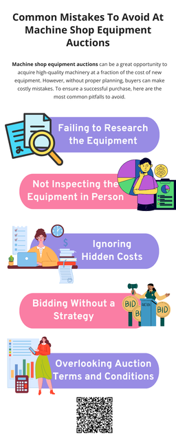Buying from a machine shop equipment auction can be a great investment, but avoiding common mistakes is key to a successful purchase. By researching equipment, inspecting items, considering hidden costs, and planning logistics, you can secure the best deals while minimizing risks. To know more visit here https://www.auctionmasters.com/industries/metal-fabricating-machine-shop