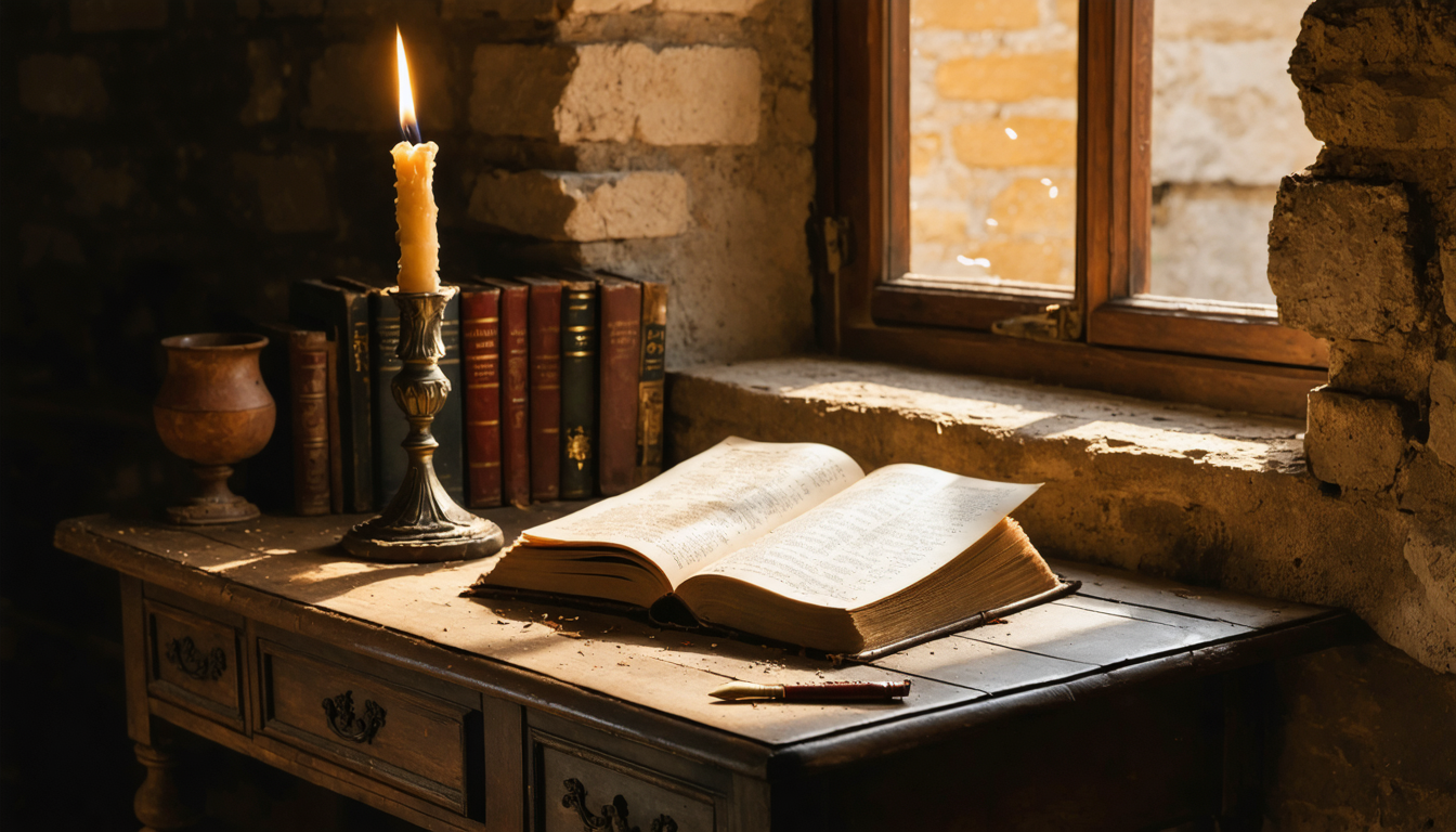 A worn wooden writing desk with a single candle, quill, and open book in a rustic stone room at dusk