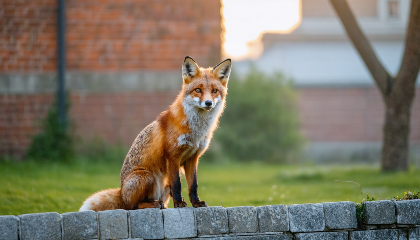 An urban fox sitting motionless on a low stone wall in early morning light
