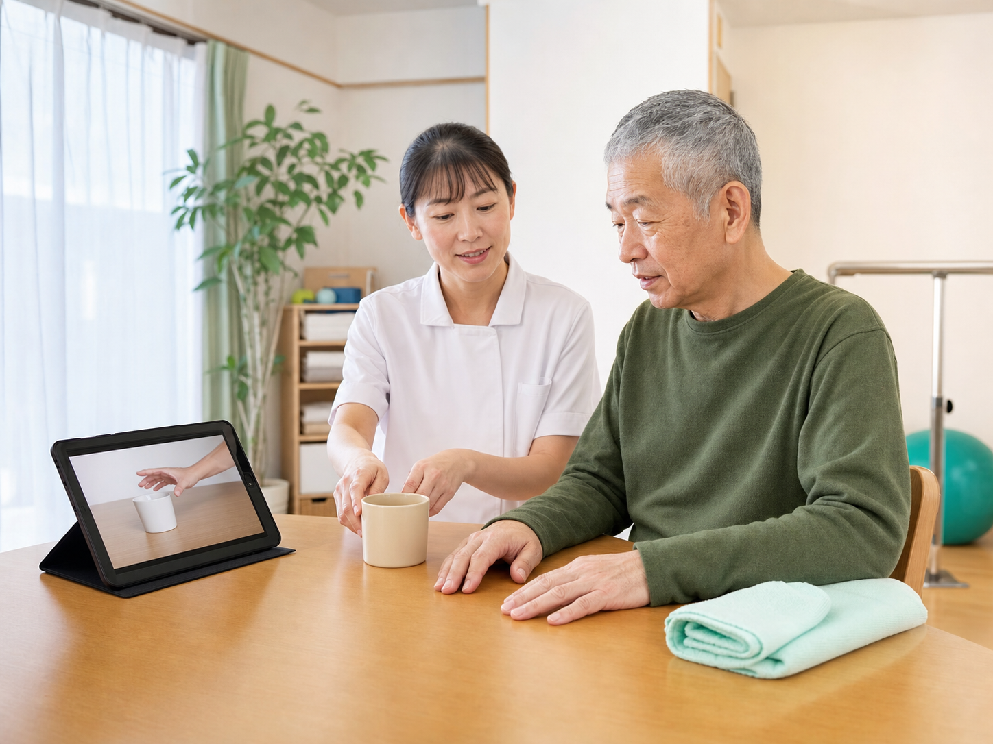 タブレットで手を伸ばす動作映像を観察する様子