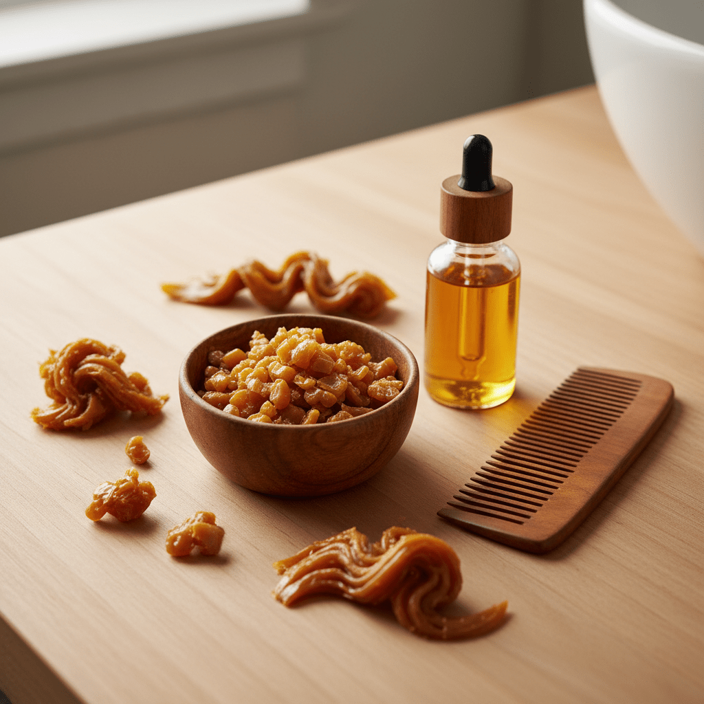 Beeswax hair styling flat lay with pellets, oil, and comb