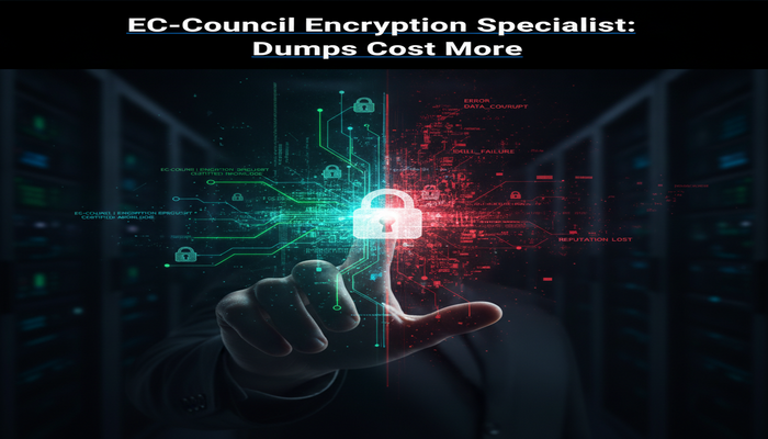 EC-Council Encryption Specialist: Dumps Cost More A human hand interacting with a split digital interface. One side shows secure, flowing green data representing ethical learning, and the other shows fragmented, red, corrupted data representing the negative impact of EC-Council encryption specialist exam dumps. The title 'EC-Council Encryption Specialist: Dumps Cost More' is clearly visible within the image.