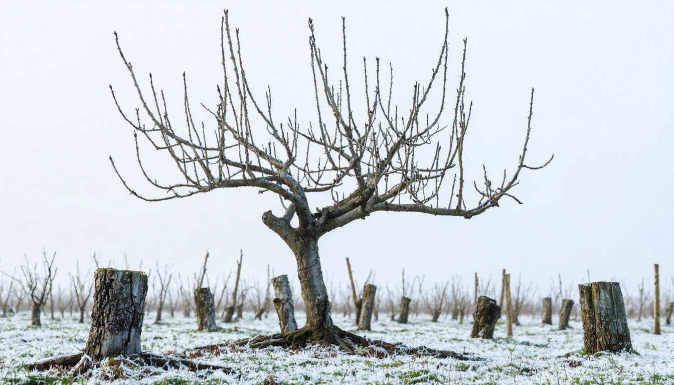 A single bare fruit tree standing alone in a winter orchard, its dark branches visible against pale overcast sky.