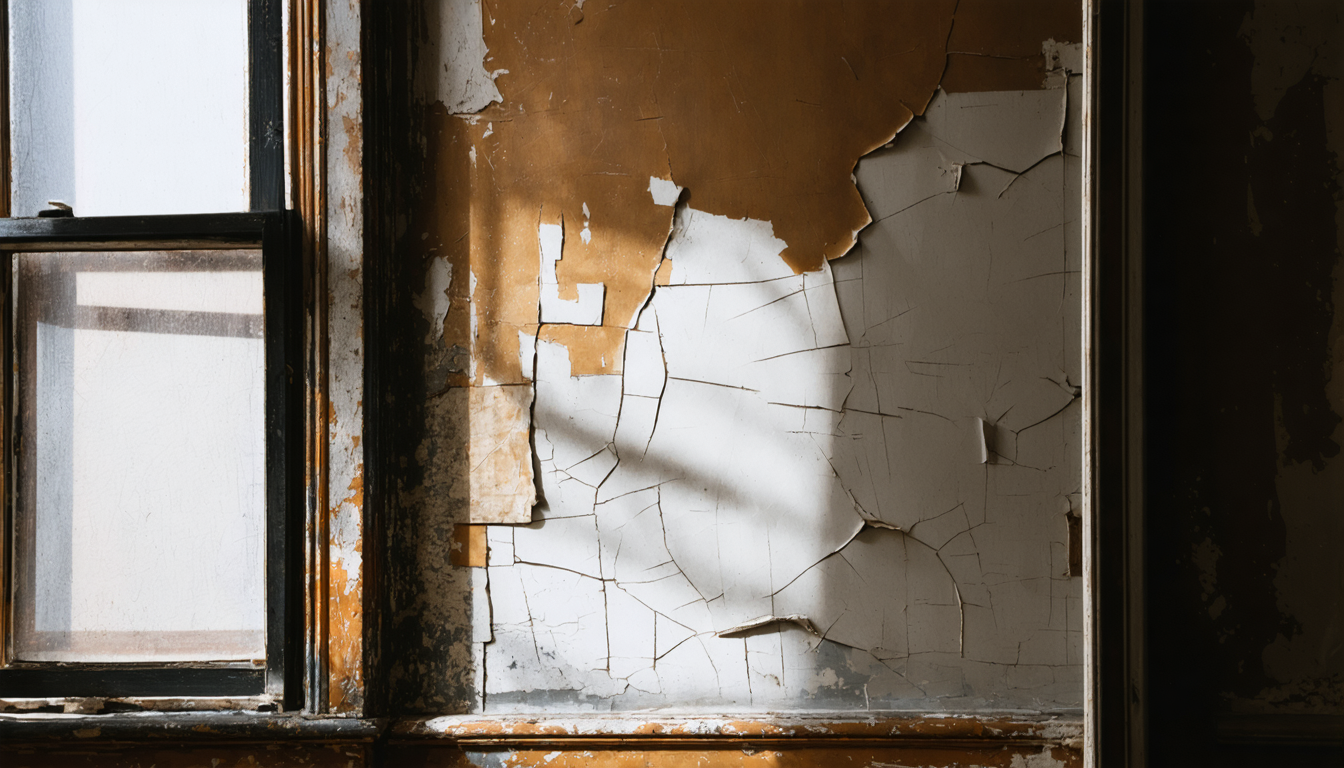 A worn apartment wall with old cracked paint layers exposed near a window in dim afternoon light.