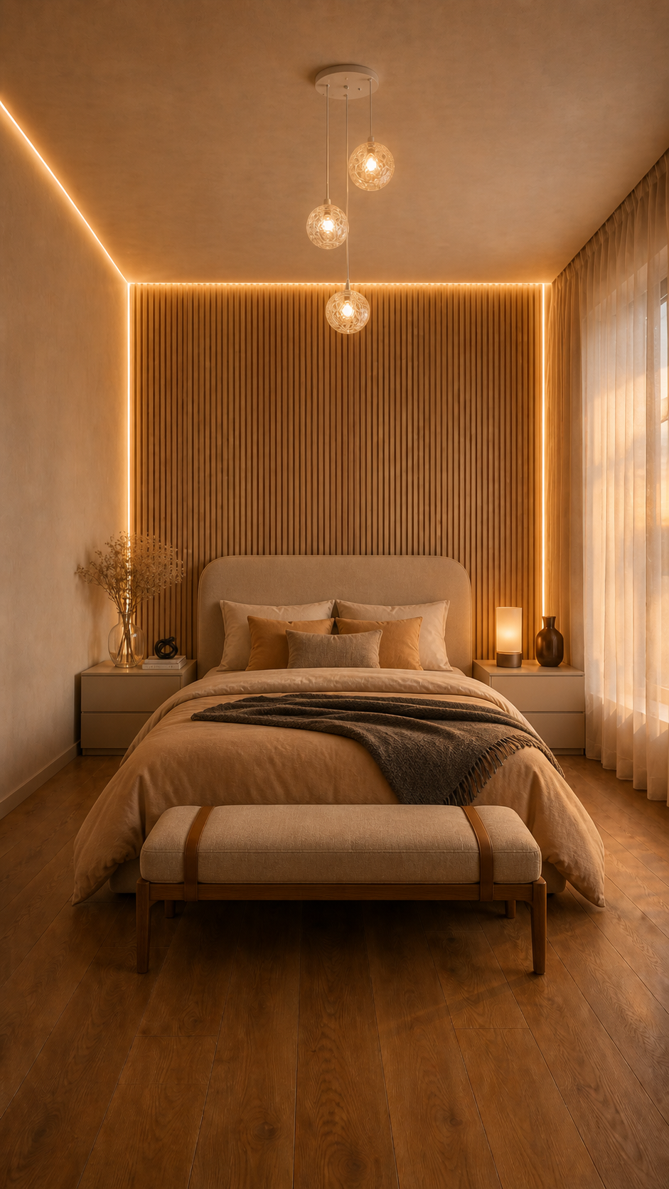 Dormitorio Japandi con paneles de madera retroiluminados y lámpara globo dorada