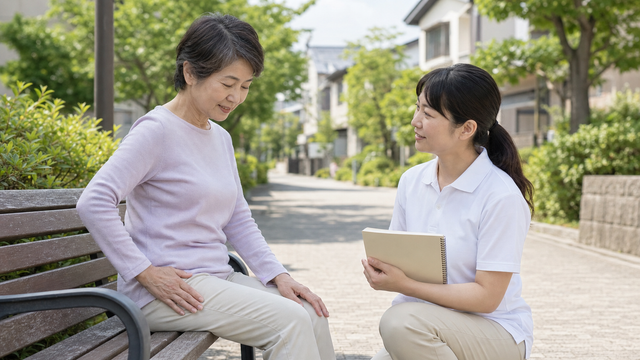 短い歩行の後に休憩し、痛みと活動量について作業療法士と相談する場面