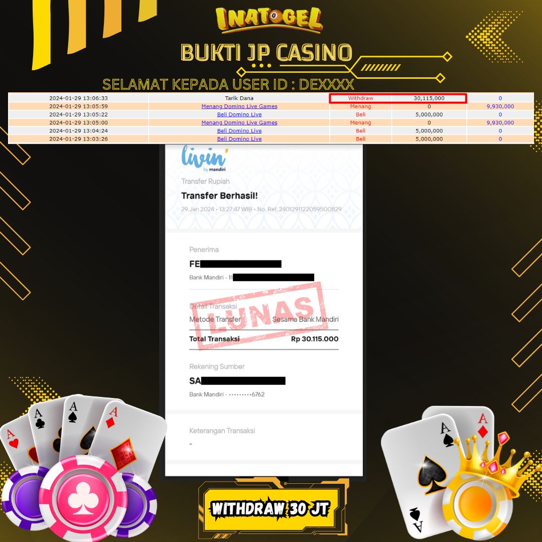 BUKTI PEMBAYARAN JP DOMINO LIVE GAMES Rp30,000,000,- LUNAS