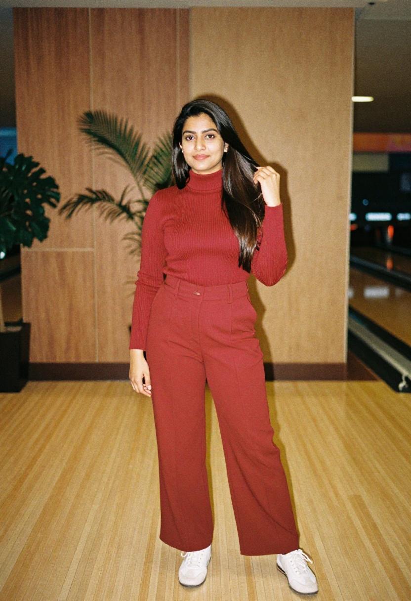Cherry red turtleneck and wide-leg trousers for bowling night